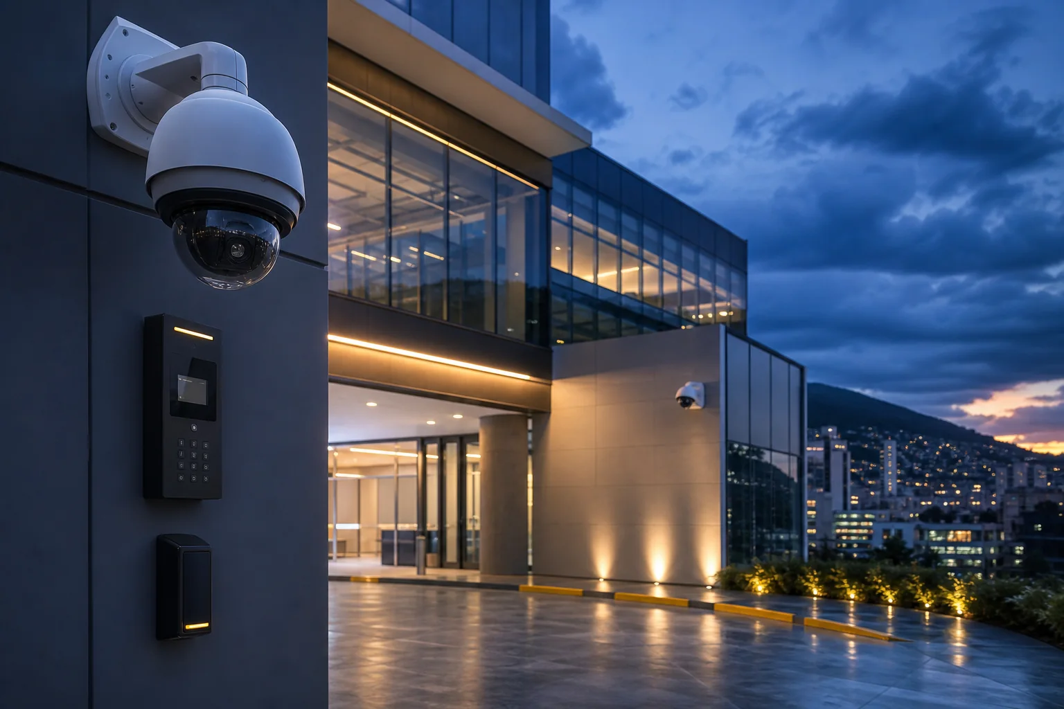 Sistema de seguridad electrónica en un edificio corporativo moderno