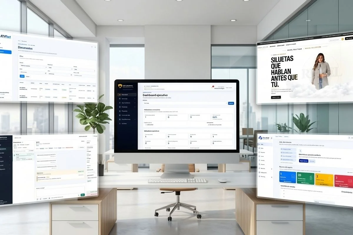 Plataforma moderna de software empresarial en una oficina corporativa